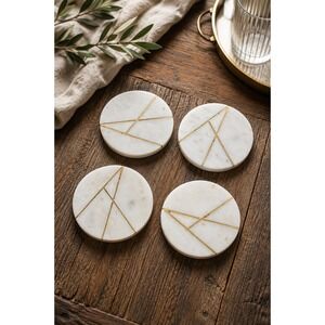 White Marble Coasters Set of 4 Gold Brass Inlay Modern Luxe Home Decor Layering
